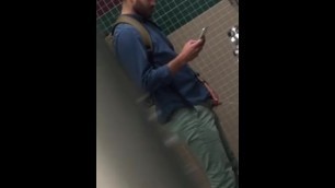 Bearded Tall Hunk Spied on while taking a Leak.