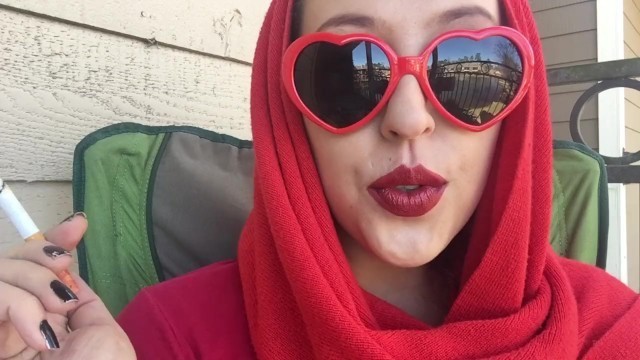 Retro Goddess D Smoking outside in Red Heart Sunglasses and Red Scarf SFW