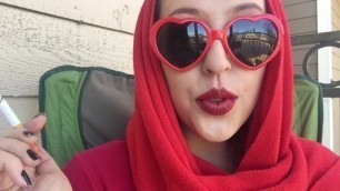 Retro Goddess D Smoking outside in Red Heart Sunglasses and Red Scarf SFW