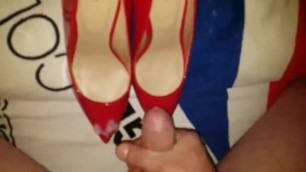 Cuming over Girlfriend's Red Stilettos