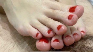 Footjob with Oil for Brother. Cum on Feet with Red Nails.