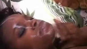 Black girl jerks out huge creamy load on her face