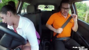 Chubby brit babe sucks off and rides her car instructor